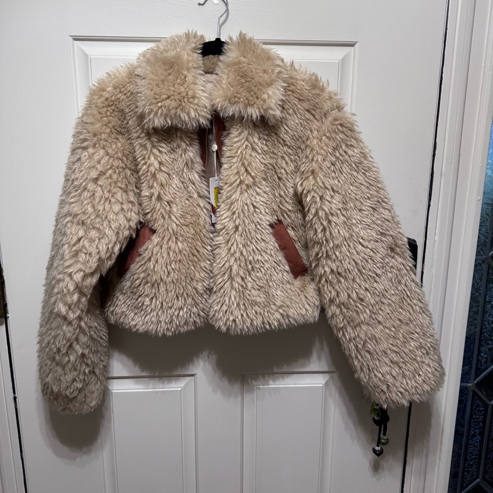 Chelsea & Violet Beige Faux Fur Jacket with Brown Trim